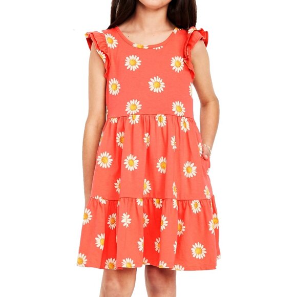 NWT Printed Flutter-Sleeve Tiered Swing Dress | Coral + White & Yellow Daisies - Picture 1 of 10